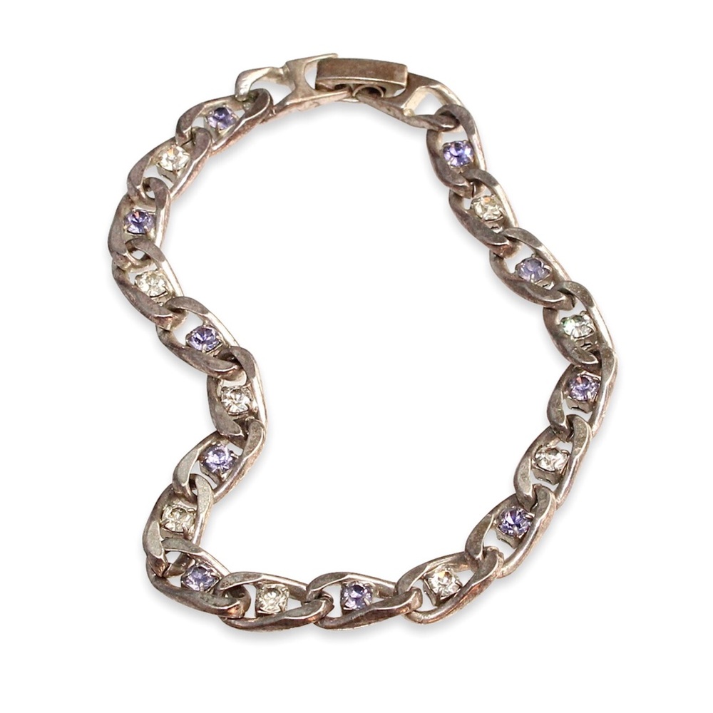 Vintage Curb Chain Bracelet with Purple & Clear Rhinestones Silver Tone